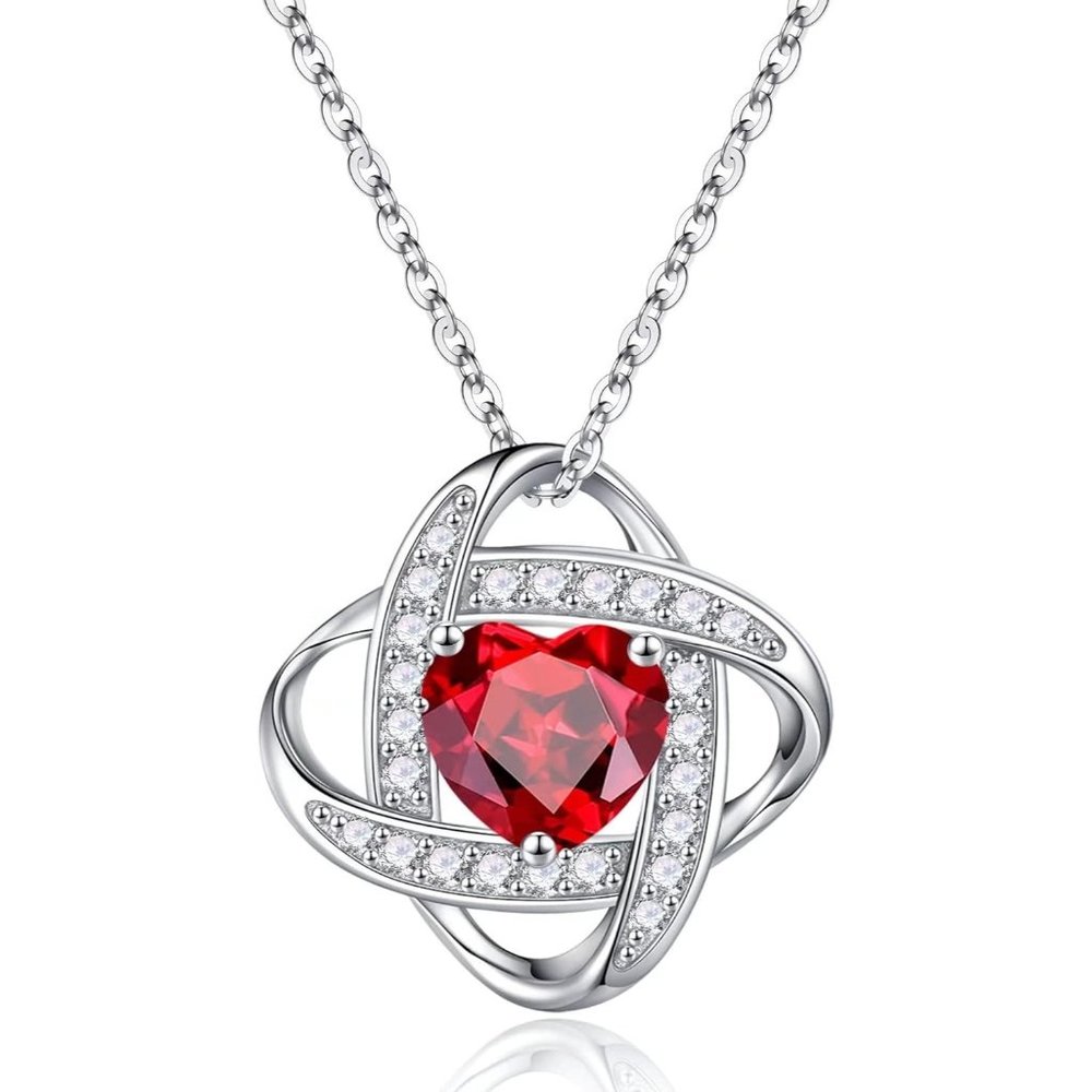 Women Red 925 Sterling Silver Love Knot Gemstone Pendant Necklace